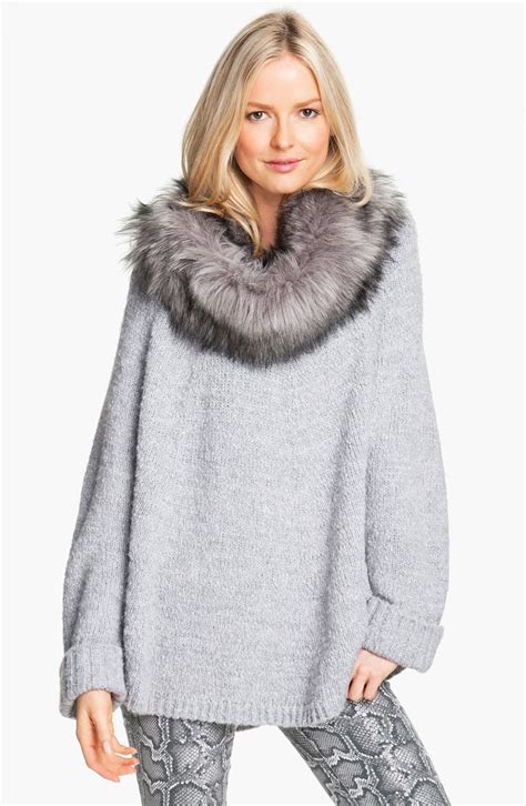 michael kors faux fur trim poncho sweater